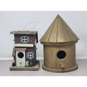 2 Rustic Handcrafted Wooden Birdhouse Round Wooden‎ &  General Store